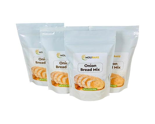 Molibake Onion Bread Mix – Pack of 4 – Premium All-Natural Baking Mix for Bread Machine and Oven – 14 oz – Gourmet Blend with Dried Onion Flakes, Sunflower Seeds, Rye Malt Flour – Easy-to-Use Bread Maker Mix for Homemade Baking