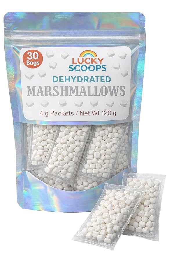 Lucky Scoops Dehydrated Marshmallow Packets – 30 Individually Wrapped 4 g Packs in Resealable Pouch – Dessert Toppings for Hot Cocoa, Hot Chocolate, Ice Cream Sundae, Baking & Parties