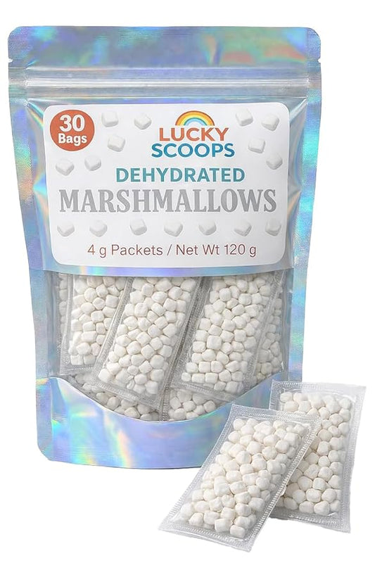 Lucky Scoops Dehydrated Marshmallow Packets – 30 Individually Wrapped 4 g Packs in Resealable Pouch – Dessert Toppings for Hot Cocoa, Hot Chocolate, Ice Cream Sundae, Baking & Parties