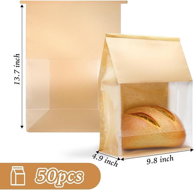 50PCS Bread Bags for Homemade Bread 13.7×9.8×4.9inch Paper Breads Bag with Clear Window Tin Tie Tab Lock Large Kraft Sourdough Breads Bag Paper Bakery Bags for Cookies