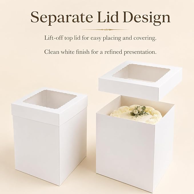 JCD Heavy-Duty 8x8x10inch Corrugated Cake Boxes Fits 6in Double Layer Cakes | White thick shockproof corrugated boxes anti-collapse; 10in extra height fits birthday cake toppers,bakery cake packaging