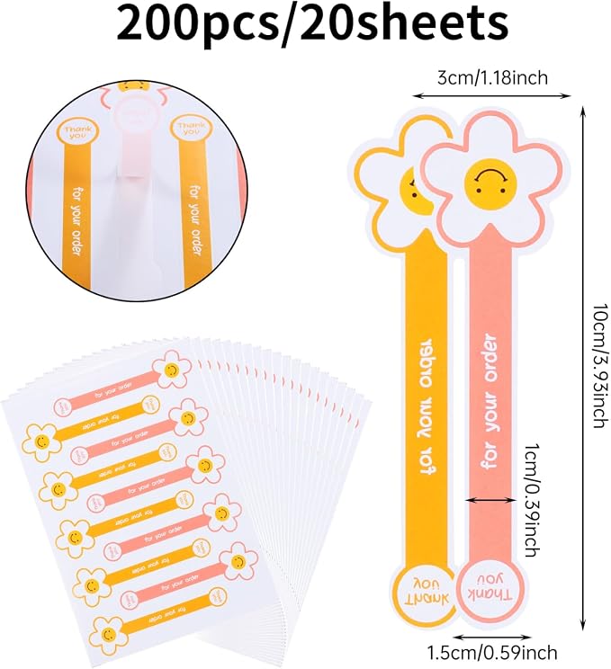 Beyonday 200pcs Handmade Lollipop Baking Stickers for Cake Box/Tins/Jars/Coffee Cups/Bottles, Long Label Flower Sealing Bakery Stickers for Gift Wrapping Self-Adhesive Tamper Evident Seal Labels