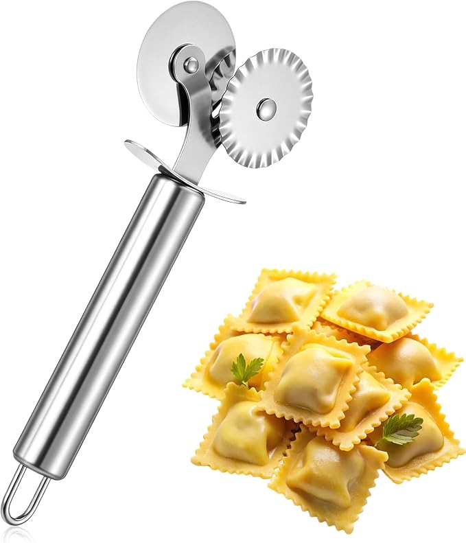 Double Wheel Pastry Cutter,Ravioli Pasta Cutter Wheel | Pie Cutter, Stainless Steel Dual-Head Baking Tool for Pizza, Noodles, Ergonomic Handle, Easy to Use & Clean