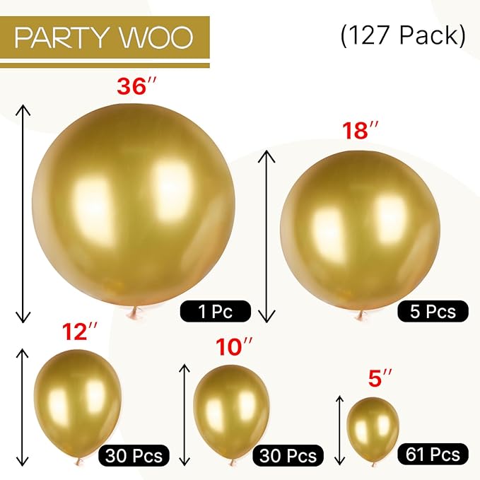 PartyWoo Gold Balloons 127pcs Different Sizes of 36 18 12 10 5 Inch Gold Balloon Arch Kit Garland for Birthday Wedding Anniversary Baby Shower Graduation Retirement Casino Party Decorations Gold-G101