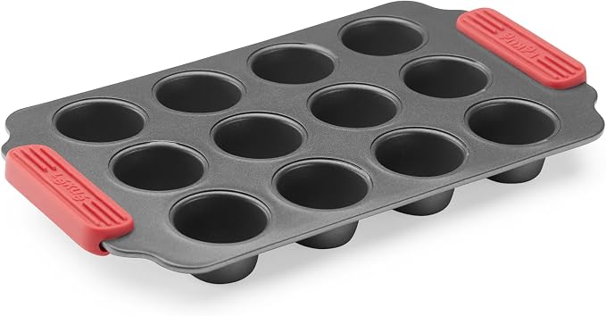 Lékué Non-Stick 12 Hole Mini Muffin Mold - Carbon Steel Oven Baking Pan with Platinum Silicone Handles, Even Heat, Dual Non-Stick Ceramic Coating, Scratch Resistant, PFOA & PFA-Free, 12.2 x 7.1 x 1.5"
