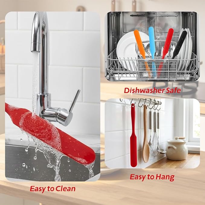 4 Pcs Silicone Jar Spatula, Long Handle Skinny Spatula Scraper for Jars & Bottles, Heat Resistant Small Spatulas Set for Kitchen Baking Sourdough Cake Makeup Essentials, Red+Black+Orange+Blue
