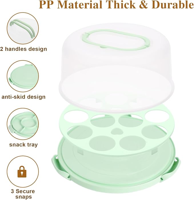 Cake Carrier with Lid and Handle - Cake Containers, BPA-Free，Perfect Gifts | Cake Holder for 10 in Cake with 2 Handles Cupcake Carrier - Plastic Cover Two Sided Base for Transport Pie Nuts Fruit