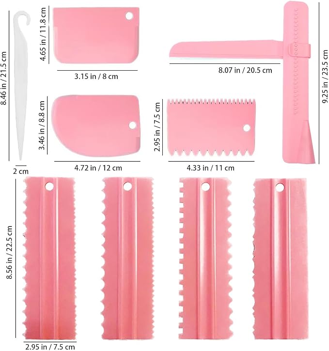 Cake Scraper Set of 9 Packs, Cake Scraper Smoother Set, Adjustable Icing Scraper Polisher Tool, Cake Decorating Comb, Icing Smoother Plastic Sawtooth Cake Icing Kitchen Baking Cake Edge (Pink)