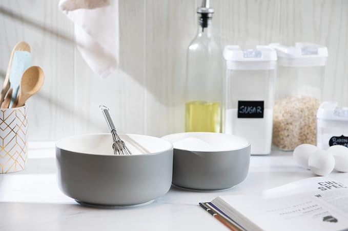KooK Ceramic Mixing Bowls, Nesting Bowls, Set of 4, Kitchen Bowls, Prep, Serving, Gift, Microwave and Dishwasher Safe, 10/16/29/47 oz, (Grey)