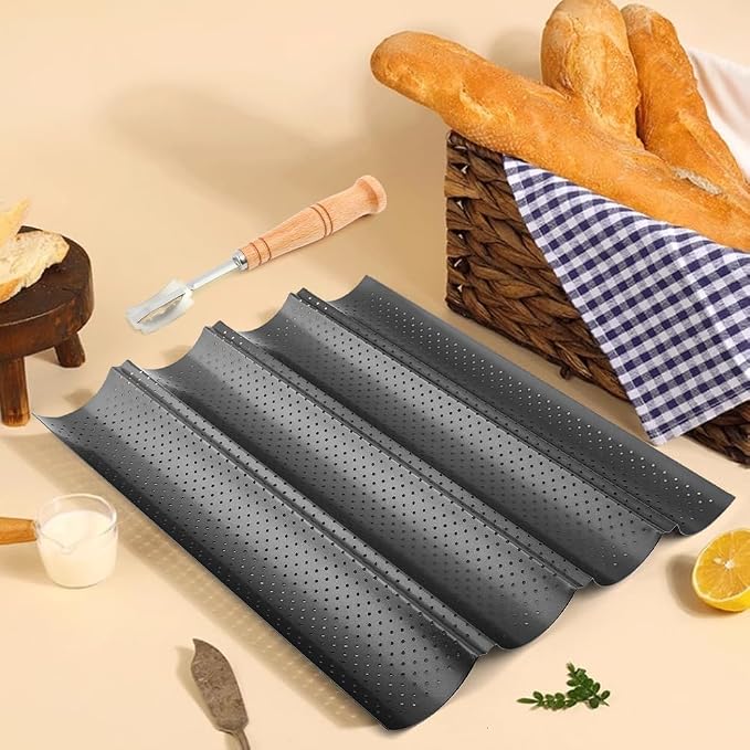 5 Pcs Baguett-e Bread Pan Set,Nonstick 4-Slot Perforated French Breads Baking Pans with Proofing Cloth,Dough Cutter Kit for Home Baker,Baguett-e Tray,15x12 Inch Black Bread Pan