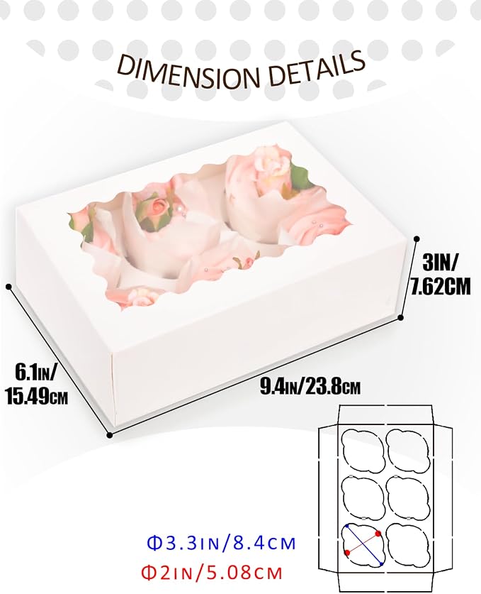 qiqee Auto-pop Up Cupcake Boxes with Window White 100PCS 6 Count Cupcake Box 9.4"x6.1"x3" Cupcakes Carrier, 6 Cupcake Containers