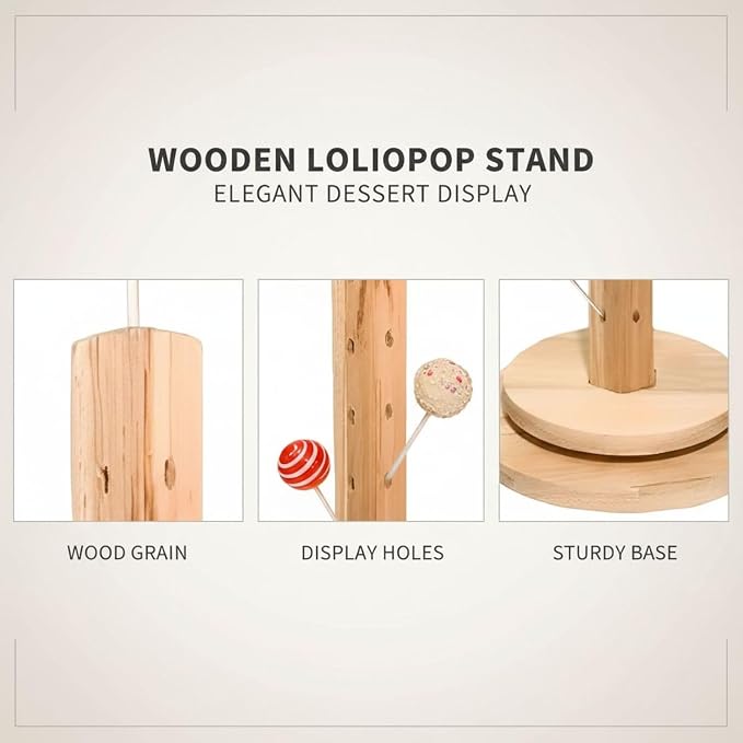 Wooden Lollipop Storage Rack, 36-Hole Rotating Cake Pop Stand, Light Brown Dessert Display Holder with Round Base for Party Favors, 14.37 in Height