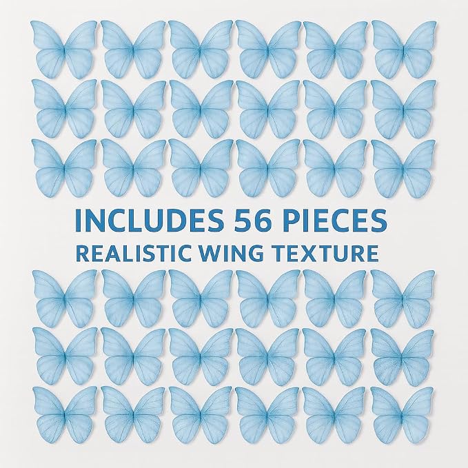 Confect Edible Wafer Paper Butterflies Set of 56 – Colorful Sky Blue Butterfly Cake Decorations, Cupcake Toppers for Birthday, Wedding, Party – Edible Butterfly Toppers