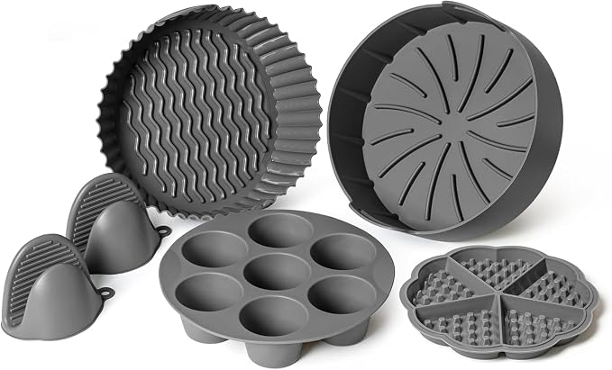 EM Set of 5 Silicone Air Fryer Liners with Egg Bite Mold, Waffle Mold & Mitts - 7.5” Round Reusable Silicone Inserts for 3-5 Qt Airfryers - Easy to Clean & Heat-Resistant Air Fryer Accessories Set