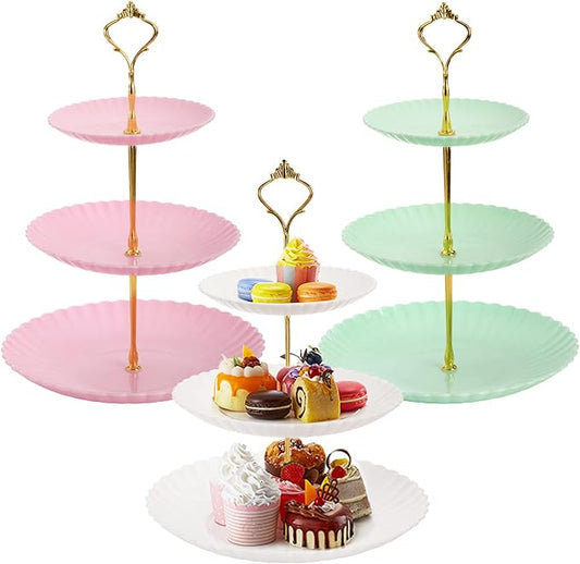 Tosnail 3 Pack 3 Tiers Plastic Cupcake Stand, Round Dessert Stand, Tiered Serving Trays with Gold Rod, Party Serving Trays, Fruit Pastry Holders for Wedding and Party - Assorted 3 Colors