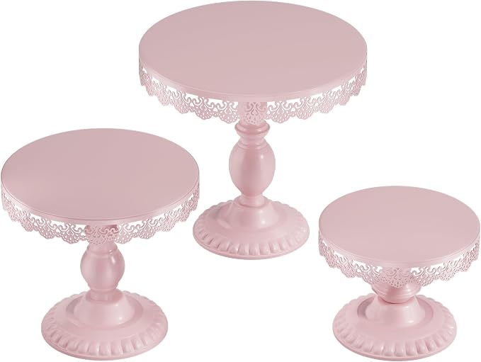 3 PCS Pink Cake Stands (8"&10"&12" Plate), Cupcake Stand with a lace Hollow Border Metal Cake Stand Set for Birthday Party, Wedding, Anniversary, Baby Shower