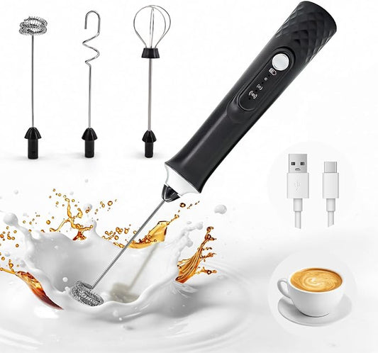 Milk Frother Handheld Rechargeable, Frother Wand Coffee Drink Mixer Electric Whisk 3 Speed Adjustable, Detachable with 3 Stainless Whisks, Hand Mixer for Lattes Cappuccino Hot Chocolate Matcha Egg