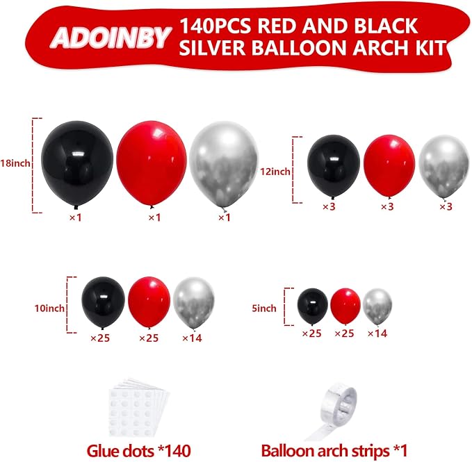 Red and Black Balloons Arch Kit, ADOINBY 140Pcs Matte Red Black Metallic Silver Garland kit, 18 12 10 5 Inch Different Size Balloons for Birthday Party Anniversary Wedding Graduation Prom Decorations