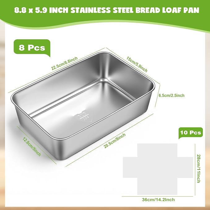 8.8×5.9 Inch 304 Stainless Steel Loaf Pans for Baking Bread, Set of 8 Heavy Duty Metal Bread Pan, Oven & Dishwasher Safe Bakeware for Meatloaf, Cake & Brownies, Even Heat Baking Performance
