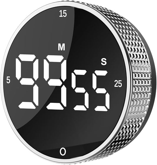 Digital Kitchen Timer - Magnetic Countdown Count Up Clock with Large LED Display, 5/15/25 Min Presets, 3 Volume Levels, Rotary Dial for Cooking, Productivity, Classroom, Fitness (1, Silver)