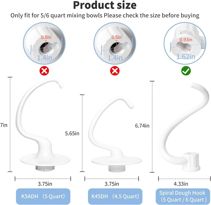 Spiral Dough Hook Replacement for Kitchen Aid Mixer - Coated Dough Hook for K5SS K5A KSM5 KS55 Pro 600, Dough Attachment for Kitchen aid Lift Stand Mixer, Work with kitchen Aid 5 qt / 6 qt Lift