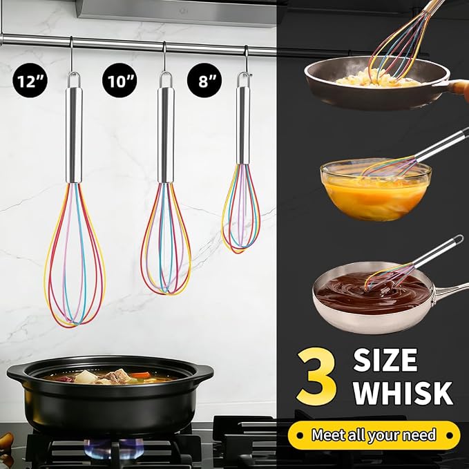 Silicone Whisk Set,Stainless Steel Handle Whisk 8" 10" 12" Rubber Whisks Cooking Non Scratch High Heat Resistant,Balloon Egg Beater for Whisking,Beating,Blending Ingredients,Mixing Sauces,Rainbow