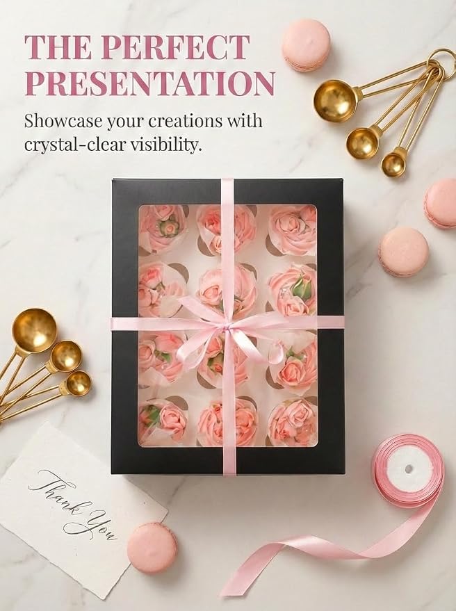 qiqee Auto-pop Up Cupcake Boxes with Window Black 40PCS 12 Count Cupcake Box 13"x10"x3.5" Cupcakes Carrier, 12 Cupcake Containers with 2 rolls of pink ribbons