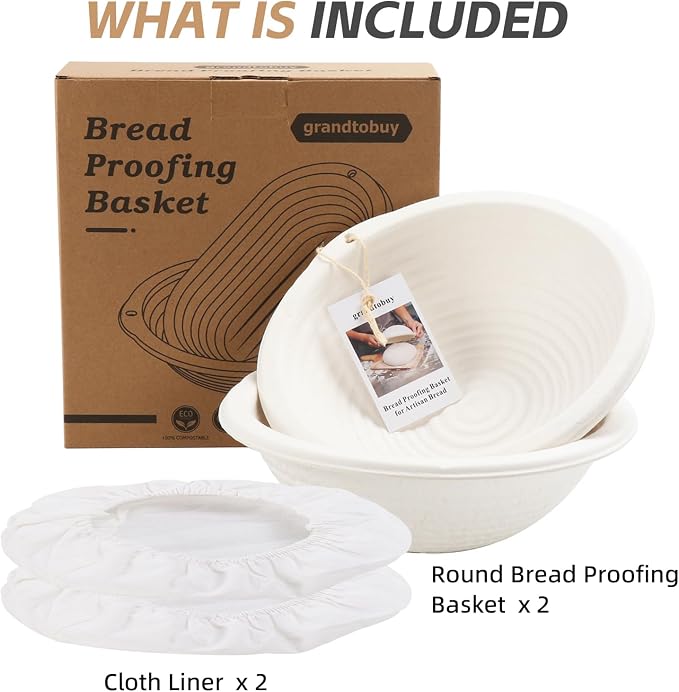 2 x 10inch Pulp Round Sourdough Banneton Bread Proofing Basket Baking Supply with Linen Liners for Professional and Homemade Artisan Bread