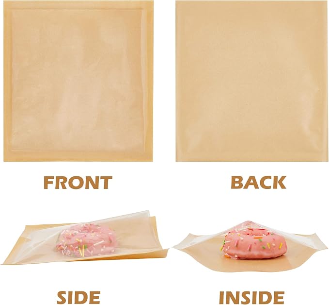 Ocmoiy 200ct Heat-Sealable Bakery Bags with Window for Egg Sandwich, Donut, Cookies Packaging, 7.1x7.5 Inches Clear Front Brown Paper Treat bags To go, Grease-Resistant (200)