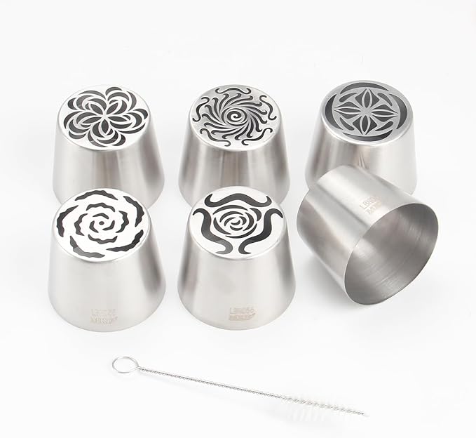 Extra Large Russian Piping Tip Set - 6 Stainless Steel Marshmallow Buttercream Framing Nozzles for 3D Roses Tulip Cake Decorations and Marshmallow Bouquets, Includes 1 Cleaning Brush(6F)