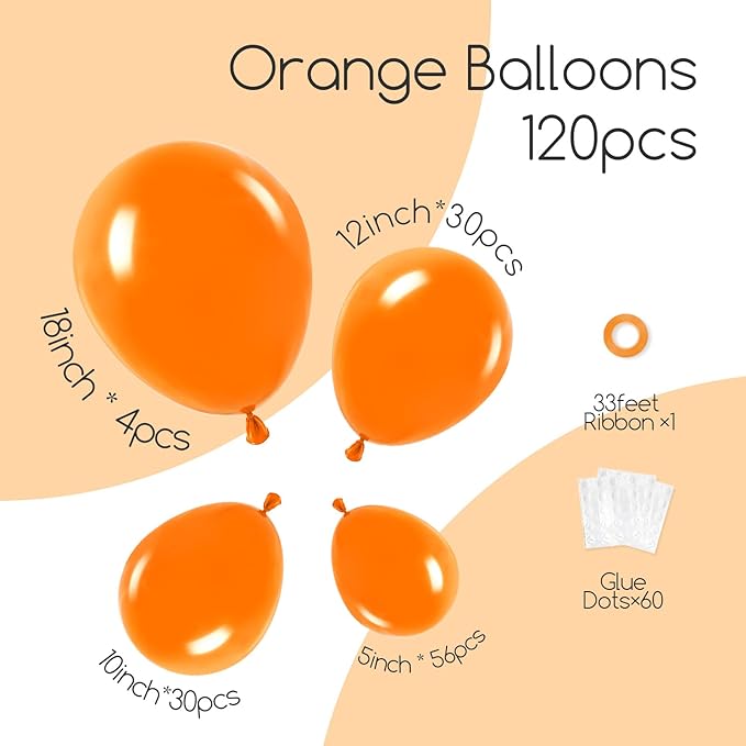 120pcs Orange Balloon Arch Kit, 18 12 10 5 inch Orange Latex Balloons Different Sizes Balloon Garland for Graduation Fall Tropical Birthday Party Decorations