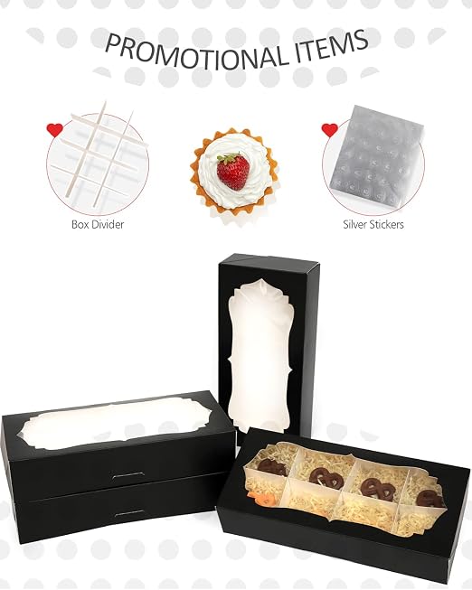 qiqee Black Cookie Box with Window 12x5.5x2.5 inch 24Pcs Two Uses Donut Bakery Box for Packaging(24pcs Bakery Boxes+12 Sets Cookie Dividers+25pcs Sliver Stickers)