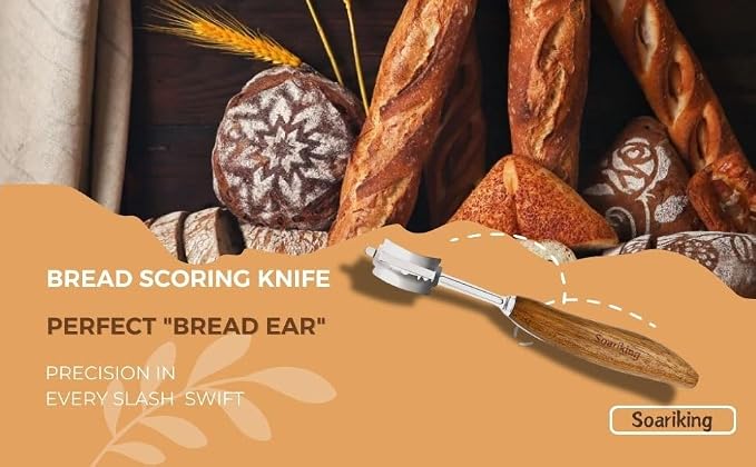 Rosewood Bread Lame for Sourdough Scoring, Ergonomic Curved Wood Handle Bread Slashing Tool with 304 Stainless Steel Stick, Includes Storage Box and 10 Replaceable Blades for Professional Bakers
