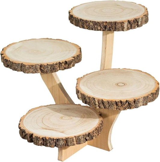 15 in Brown 4 Tier Round Natural Wood Cupcake Dessert Stand | Wooden Cup Cake Stand for Birthday Wedding Party Events Reception Catering Decorations Supplies