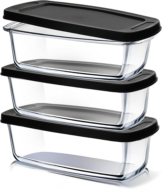 EATEX Glass Bread Pans for Homemade Bread Baking, 1.9 Quart Deep Rectangular Glass Food Storage Containers with Lids, 3 Bread Loaf Pans 3 Airtight Lids Black Microwave Oven & Freezer Safe
