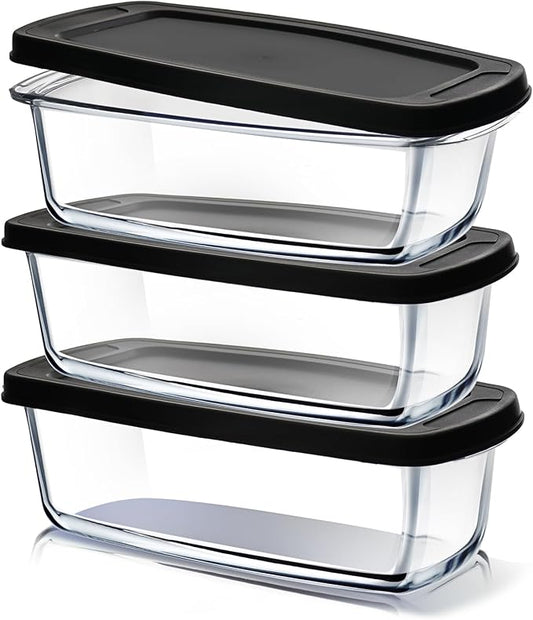 EATEX Glass Bread Pans for Homemade Bread Baking, 1.9 Quart Deep Rectangular Glass Food Storage Containers with Lids, 3 Bread Loaf Pans 3 Airtight Lids Black Microwave Oven & Freezer Safe