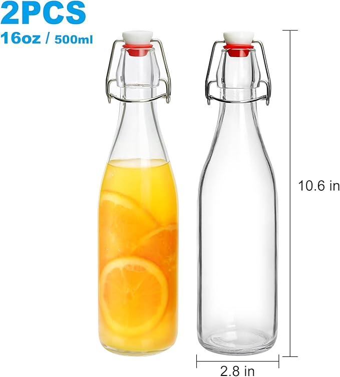 2 Pack Swing Top Glass Bottles 16oz, Flip Top Glass Bottle with Airtight Lid for Fermentation, Kombucha, Mead, Vanilla Extract, Coquito, Vinegar, Beer, Kefir, Wine, Soda, Juice, Oil for Home Brewing