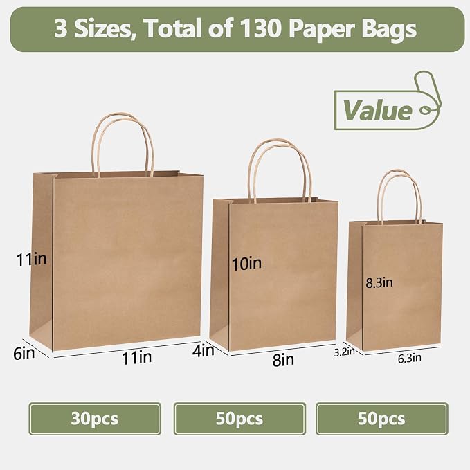 COGLARING 130 Pcs Brown Kraft Paper Bags with Handles - Bulk Assorted Sizes for Retail, Takeout, Bakery & Party Favors | Durable Shopping & Gift Bags for Merchandise, Small Business & Hospitality