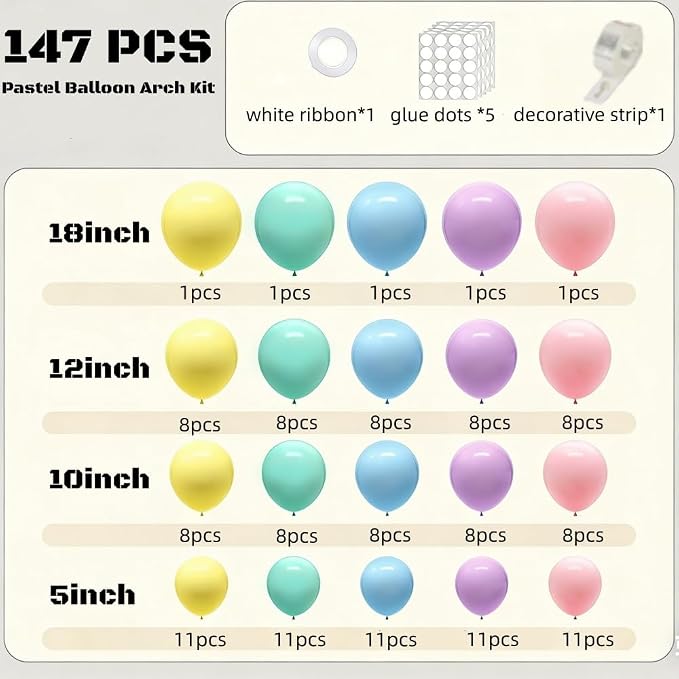 Pastel Balloon Arch Kit, 147pcs Macaron Rainbow Latex Balloon, Different Sizes 18 12 10 5 Inch for Garland Baby Shower Birthday Party Gender Reveal Garland Decoration