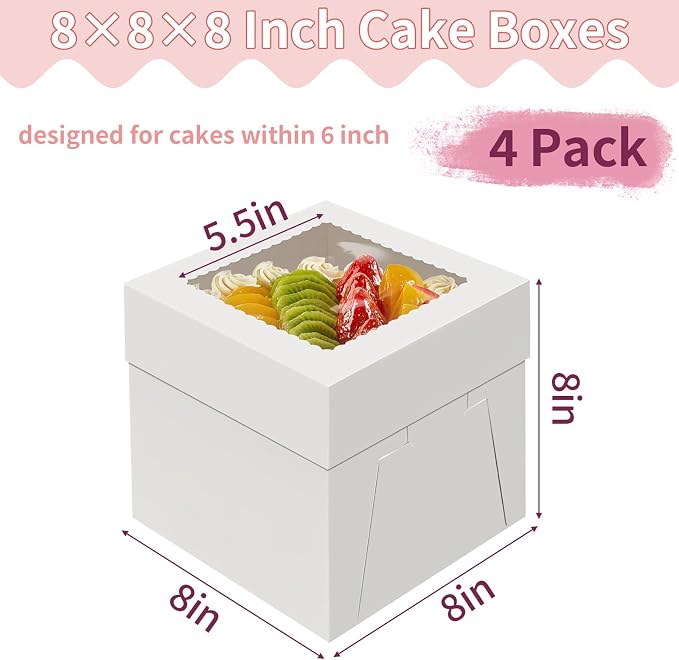 WINKIO 4 Pack Cake Boxes 8 Inch, Disposable Cake Transport Container, White Bakery Boxes with Large Window, for Cookies Pies Cupcakes Pastry (8×8×8 Inches)