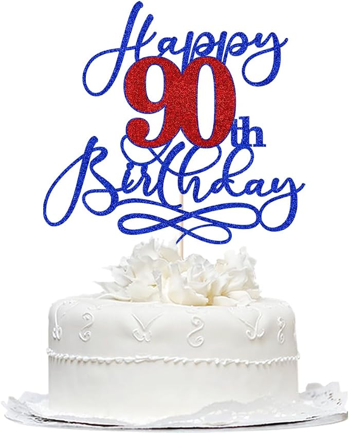 Happy 90th Birthday Cake Topper,Deep blue font red Numbers 90th Birthday Cake Decoration,Hello 90, Cheers to 90 Years/90th Anniversary,90& Fabulous Party Decoration