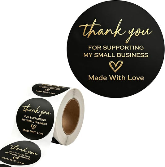 500 Pcs Thank You Stickers Roll, 1.5 Inch Thank You for Supporting My Small Business Stickers, Self Adhesive Labels for Packaging, Bakery Bags, Gift Wrap, Envelopes and Small Business Supplies (Black)