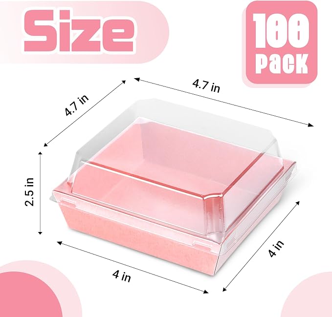 100 Pack Plastic Charcuterie Boxes with Clear Lids, 4" Small Paper to Go Food Container for Sandwich Salad Snack, Disposable Mini Bakery Dessert Boxes for Cupcakes Slice Cookies Strawberry Pink
