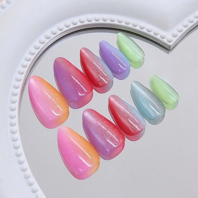 30Pcs Red French Tip Press on Nails Short Almond ZWENJIE Cat Eye Fake Nails Press ons Nail Tips Stick on Nails Glossy Acrylic Nails Kit False Nails with Pink Design Nail Art for Women Glitter Manicure