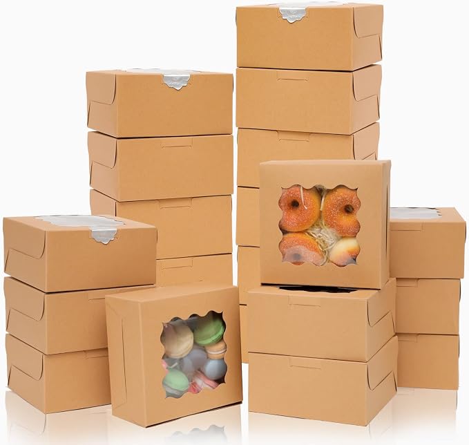 Bakepacker 60pcs Kraft Bakery Boxes with Window 6x6x3 inches Thick & Sturdy Macaroon Pastry Boxes Cookie Boxes for Bakerys