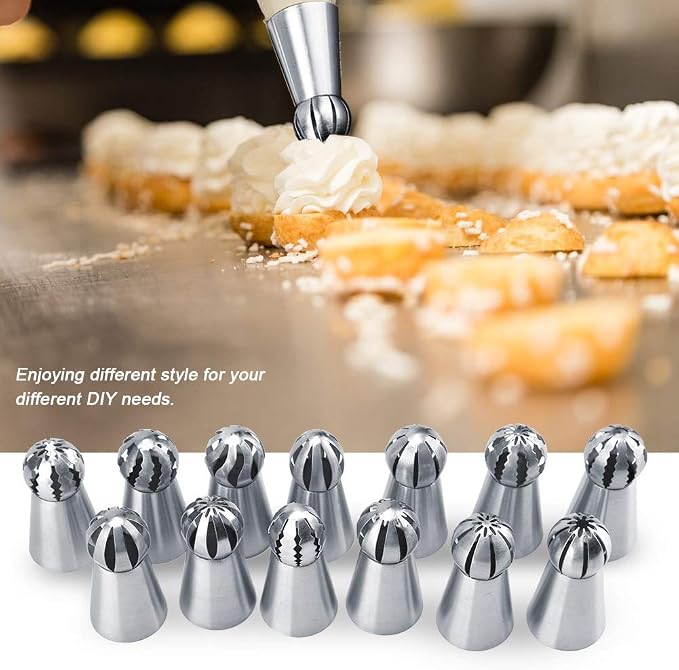 Fdit Russian Piping Tips Set, 13 Pieces, Stainless Steel, Sphere Nozzle, Cake Decorating Supplies