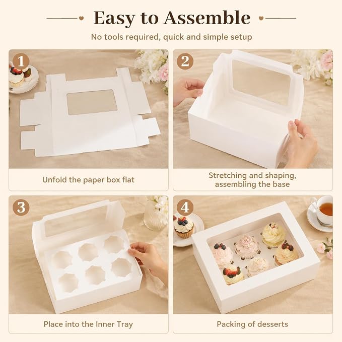 Pralb 20Pack White Cupcake Boxes with Inserts 6 Holders,White Standard Bakery Boxes with Pvc Window,Cupcake Containers Bakery Cake Box,Auto-Popup Cupcake Containers Carriers Bakery Cake Box(9x6x3inch)