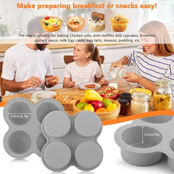 2 Pack Air Fryer Egg Bite Molds, 4 Cups Round Muffin Pans, Silicone Egg Bite Molds with Spreader＆Oil Brush Nonstick Air Fryer Baking Pan for Cupcake, Muffin, Tart, Frittata, Quiche