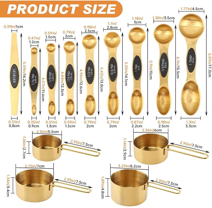 Gold Measuring Cups and Spoons Set, 13-Piece Stainless Steel, 4 Nesting Cups + 8 Double-Sided Measuring Spoons + Leveler, Engraved Sizes, Gold Finish for Cooking and Baking