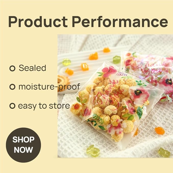 200pcs 5.5x5.5in Thank You Candy Bags Individual Cookie Wrappers Pink Flower Self Adhesive OPP Cookie Bakery Bags Roasting Treat DIY Translucent Plastic pouches
